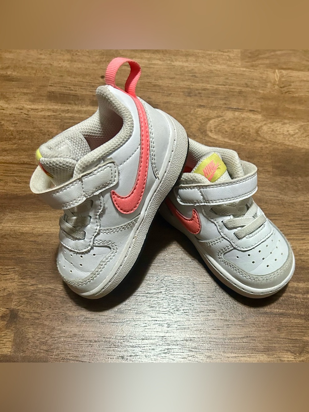 Nike Kids White Sneakers with Coral Swoosh